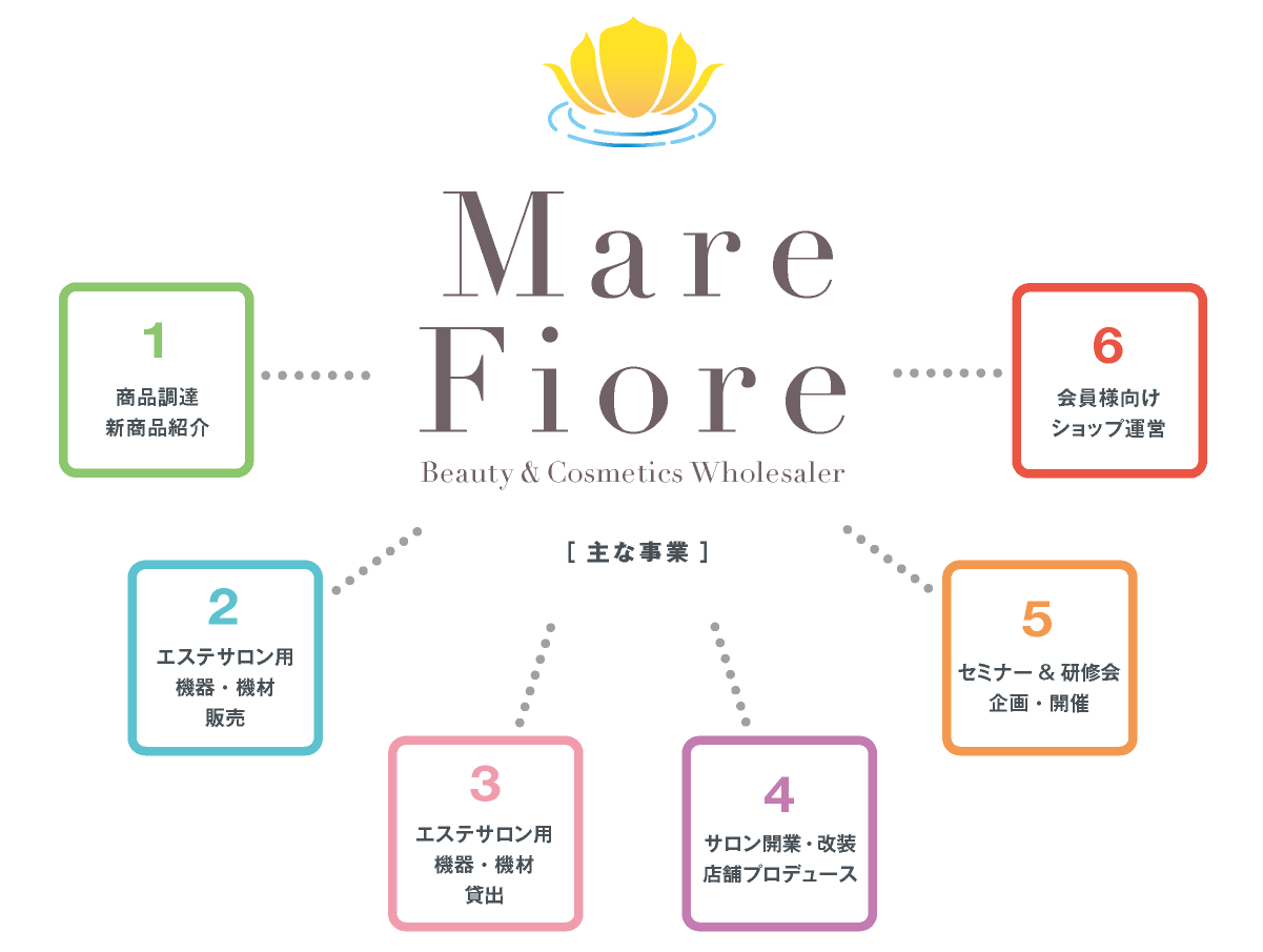 主な事業_mare-fiore.com【MareFiore・マレフィオーレ】総合卸売商社｜美容卸・美容ディーラー｜ヘアケア・エステ・化粧品｜歯科衛生用品・日用品｜エステティックサロン用機器・機材の販売・貸出｜会員向けショップ運営